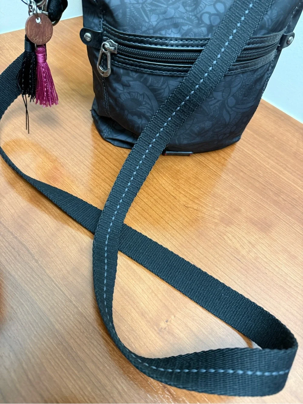 Sakroots Black Floral-Print Shoulder Bag with Pink & Yellow Tassels